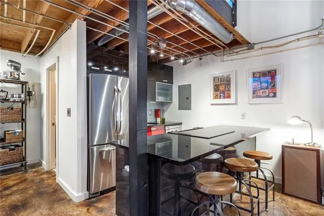 a view of a dining room with furniture