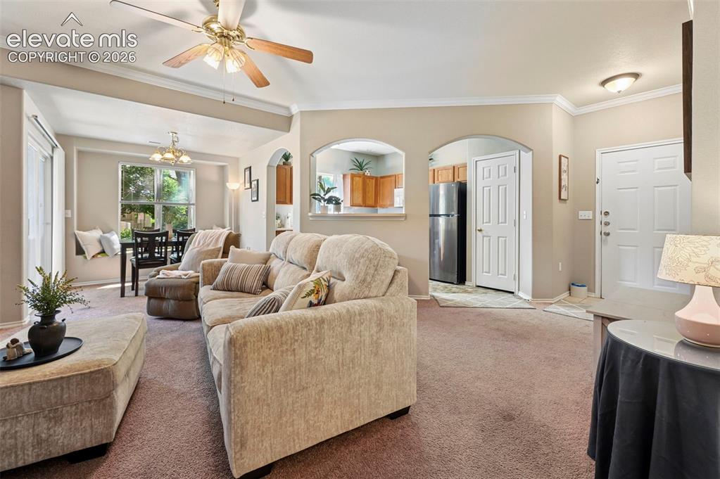 3715 Riviera Grove, Unit 101 Colorado Springs, CO 80922 - Photo 10 of 36 Spacious living area featuring neutral-toned walls, crown molding, and a ceiling fan with light fixture