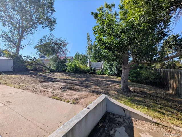 a view of a backyard with large trees