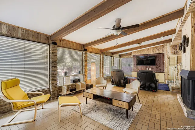 a building outdoor space with patio furniture