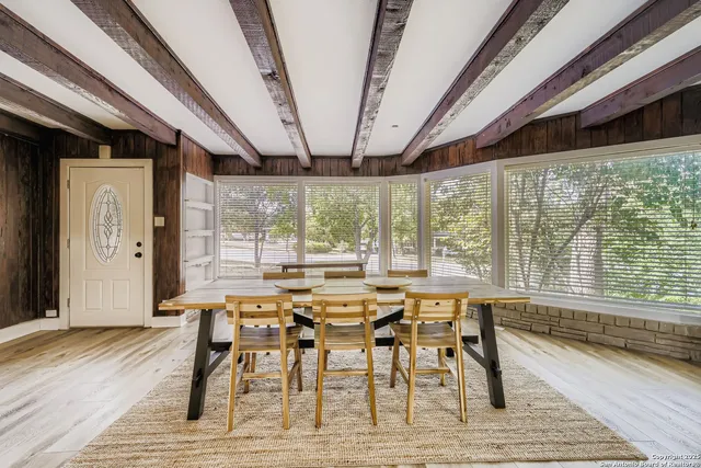 a view of a dining room with furniture window and wooden floor