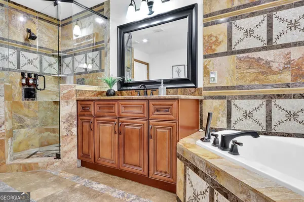 a living room with furniture and a table