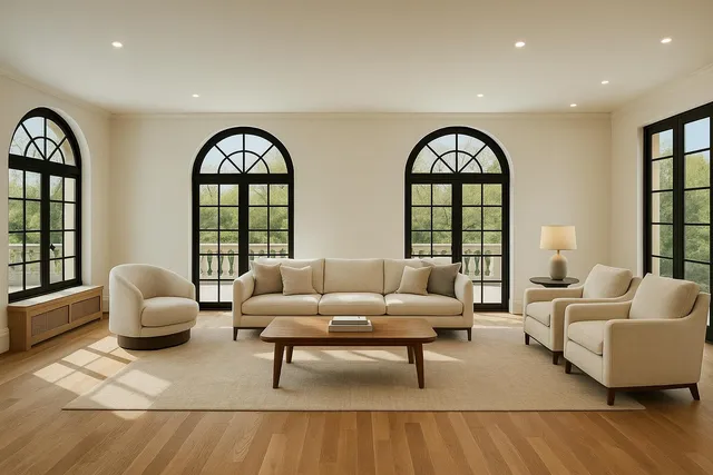 a view of an empty room with windows