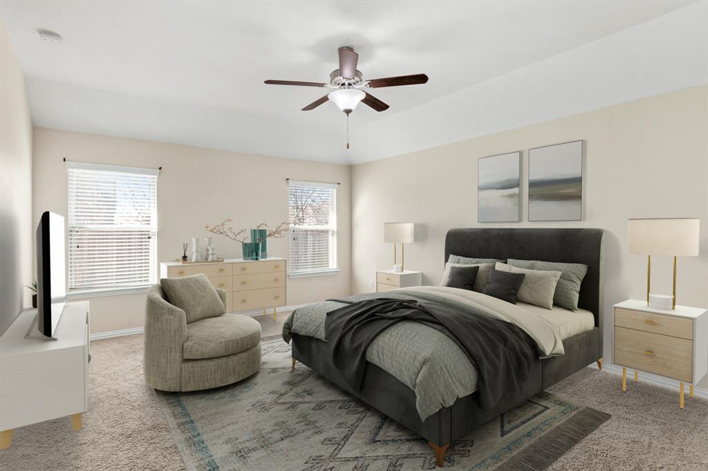 464 Evening Star Kyle, TX 78640 - Photo 4 of 8 Digital Staging. A well-lit primary bedroom features soft carpet flooring and a ceiling fan, offering a comfortable retreat.