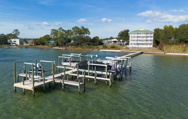 a view of a lake in middle of the town