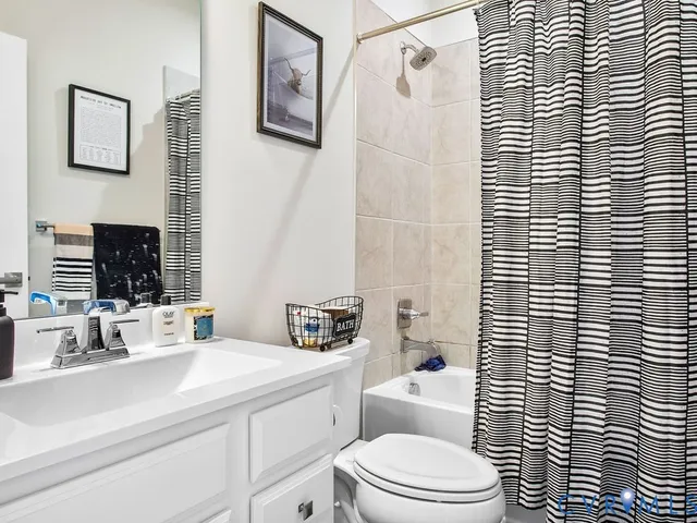 a bathroom with a sink a toilet and shower curtain