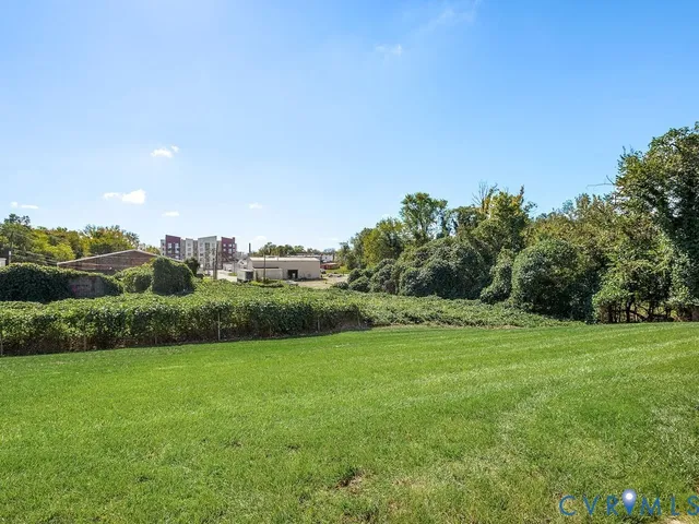 a view of a grassy field with trees