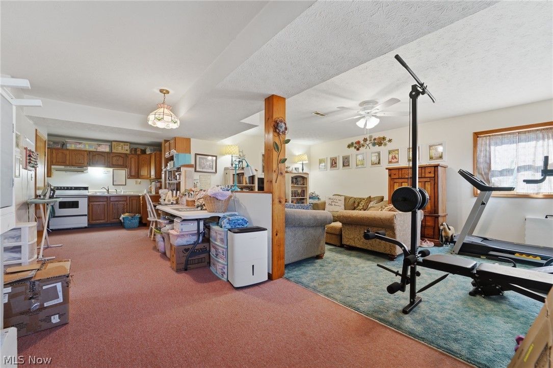 2932 Sexton Road Geneva, OH 44041 - Photo 30 of 41 Exercise room featuring light colored carpet, a ceiling fan, and a textured ceiling