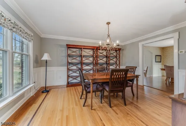 a dining room with furniture wooden floor a rug a potted plant and a chandelier