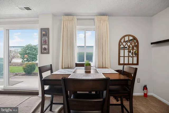 a dining room with furniture a rug and a large window