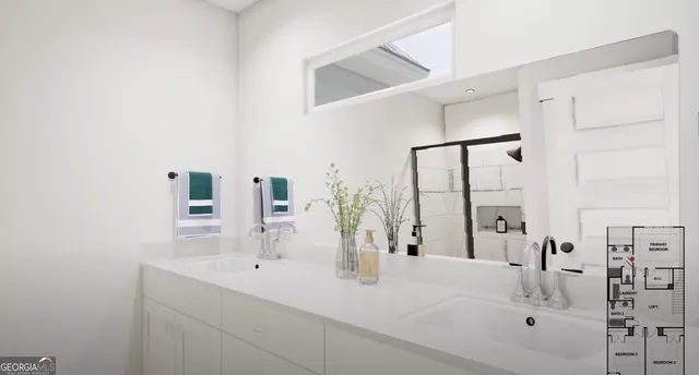 a bathroom with double vanity sink and a mirror