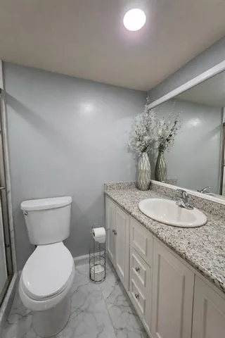 a bathroom with a granite countertop toilet a sink and a mirror