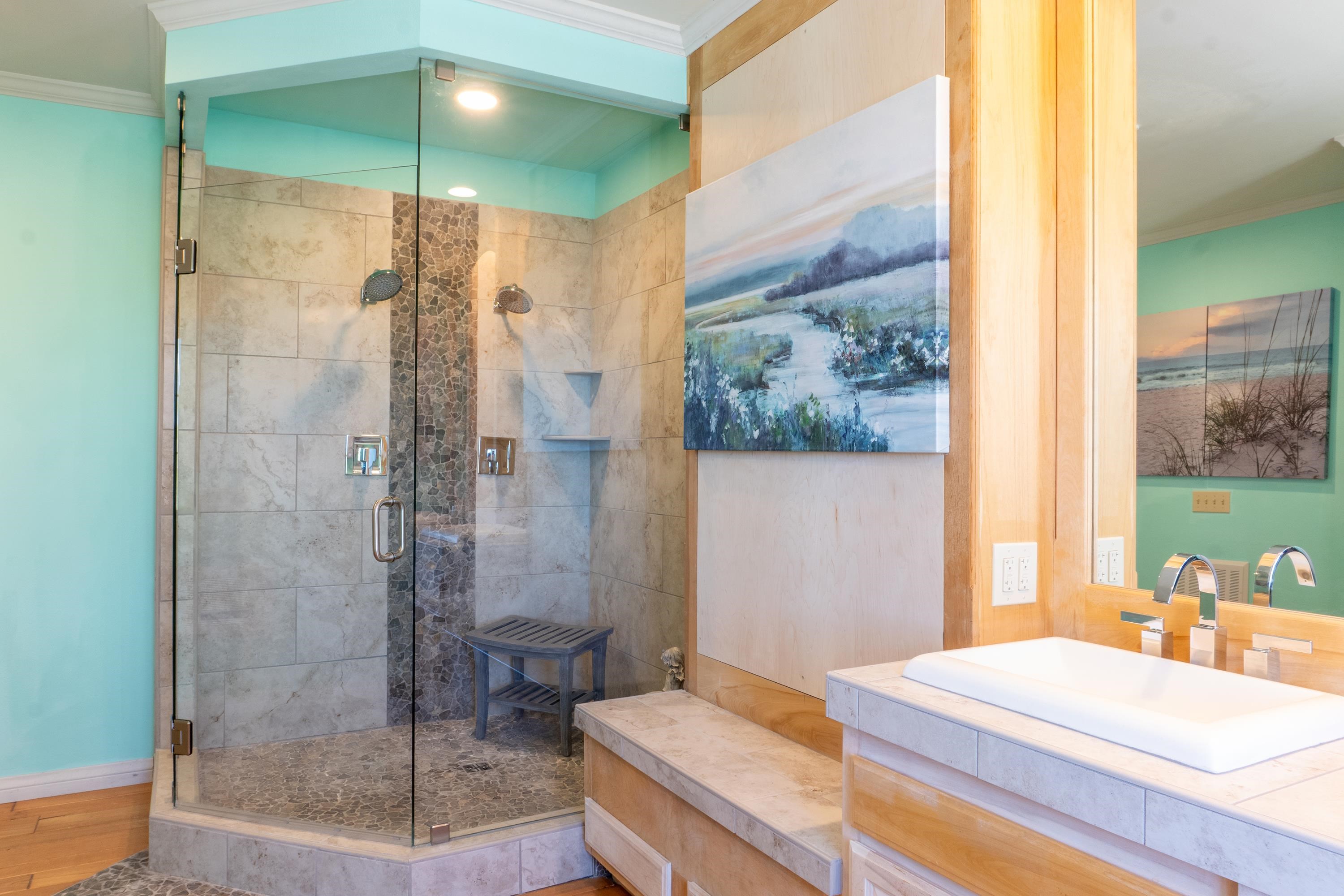 416 Wilson Creek Road Lee Vining, CA 93541 - Photo 42 of 64 a bathroom with a granite countertop sink a toilet and shower