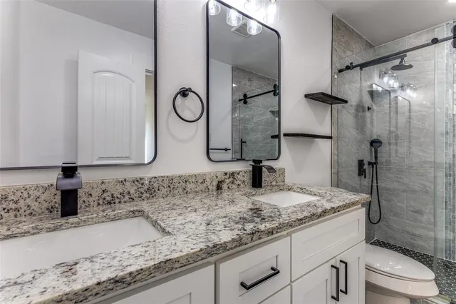 a bathroom with a shower sink vanity mirror and toilet