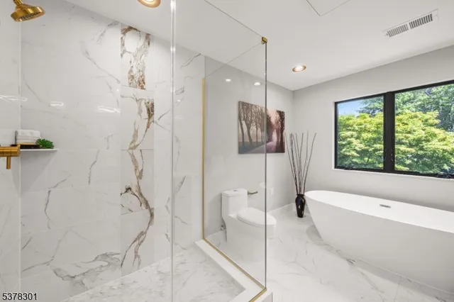 a bathroom with a bathtub and a shower