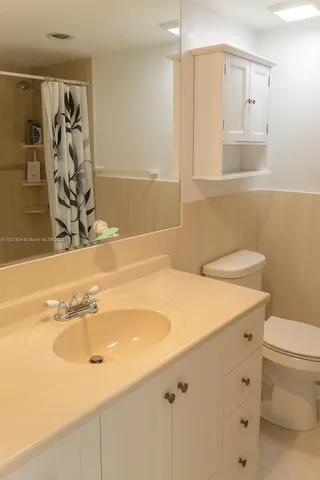 a bathroom with a sink a toilet and a mirror
