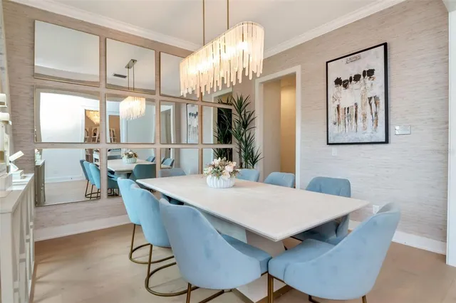 a view of a dining room with furniture