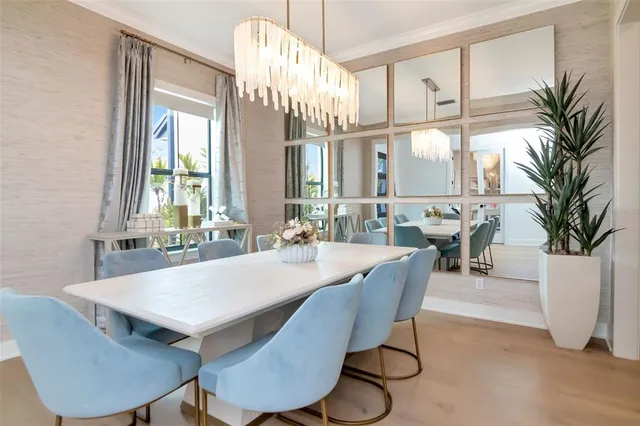 a view of a a dining room with furniture window and wooden floor