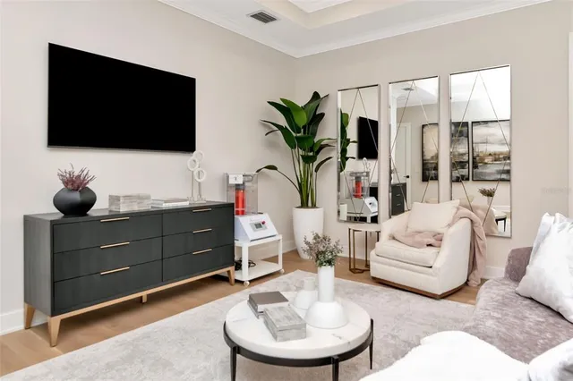 a living room with furniture a flat screen tv and a potted plant