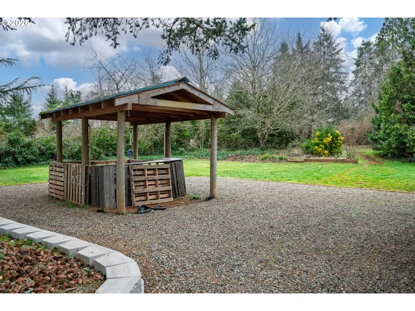 a view of a backyard with under a umbrella