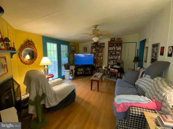 a living room with furniture and a lamp
