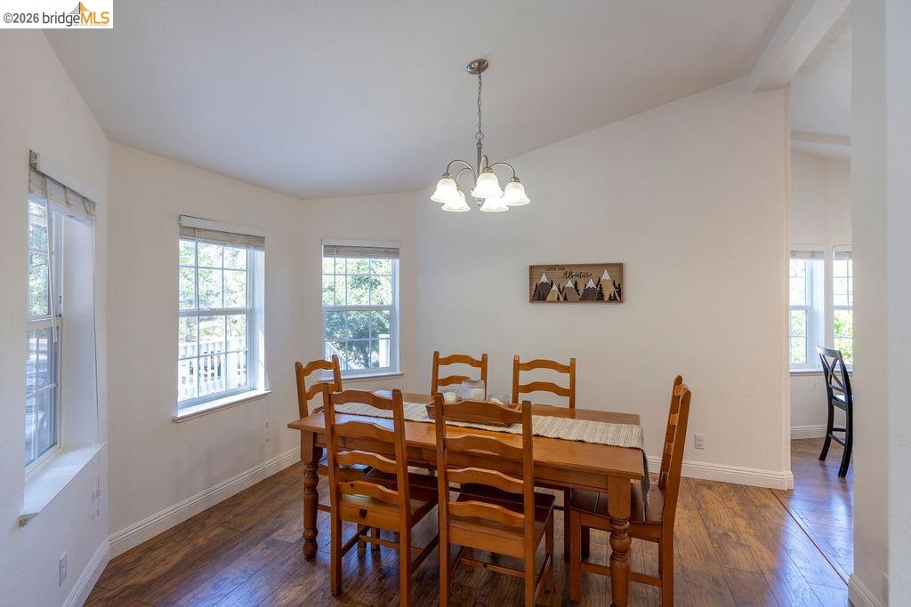20828 Ferretti Road Groveland, CA 95321 - Photo 5 of 60 Dining area with dark wood-style flooring, suspended lighting, and vaulted ceiling