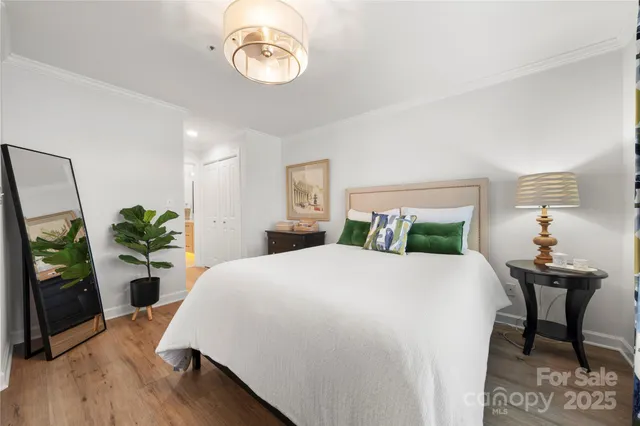 a bedroom with a bed and a chandelier