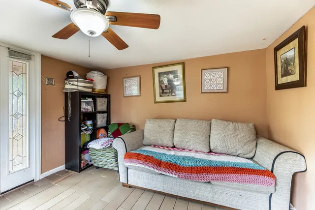 a view of a house with a small yard plants and large tree