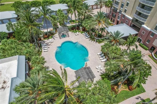 an aerial view of a swimming pool