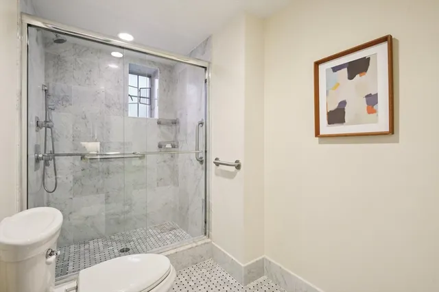 a bathroom with a shower and toilet