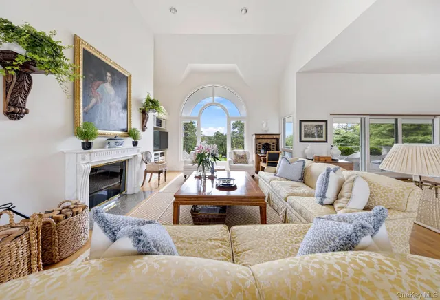 a living room with furniture a fireplace and a large window