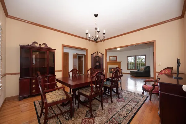a view of a dining room with furniture