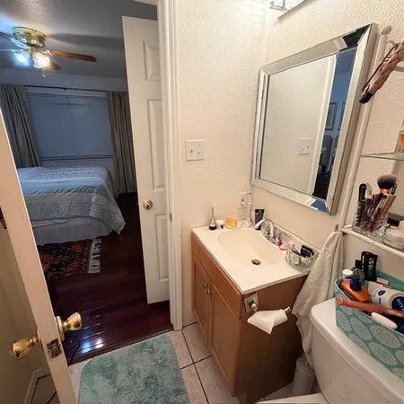 a bathroom with a sink a toilet and mirror