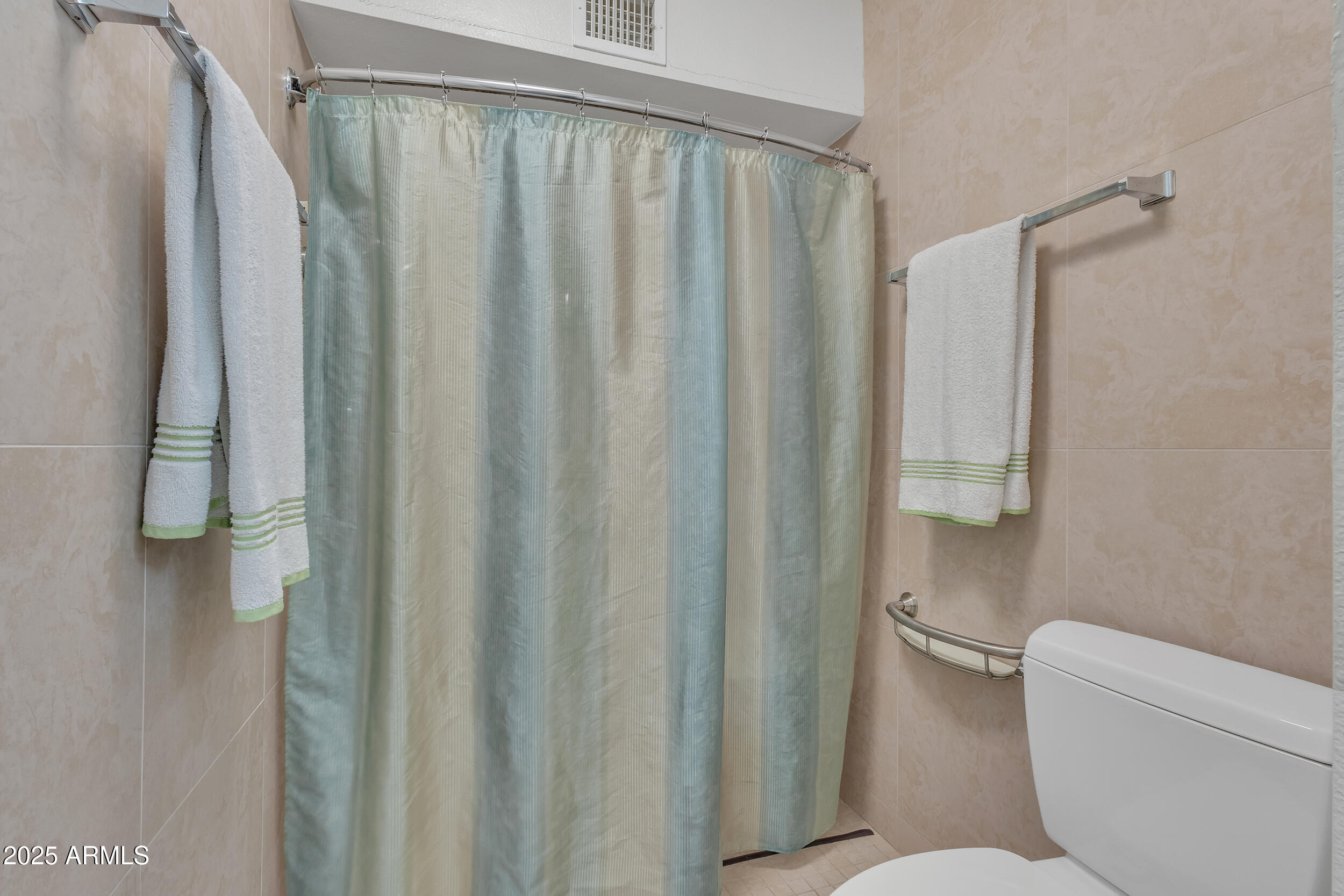 520 South Greenfield Road, Unit 13 Mesa, AZ 85206 - Photo 27 of 44 a white toilet sitting next to a shower curtain