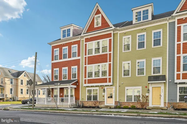 a front view of a brick building