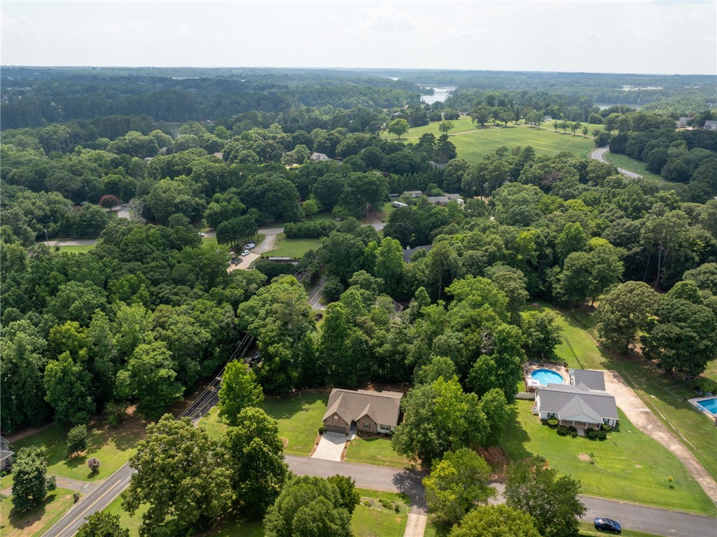 201 Hearthstone Drive Anderson, SC 29621 - Photo 40 of 49 An aerial panorama reveals a private residence nestled among a verdant landscape, featuring a sparkling outdoor pool.