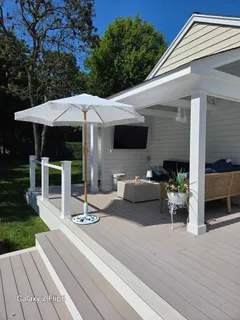 a view of a patio with couches chairs potted plants and a large tree