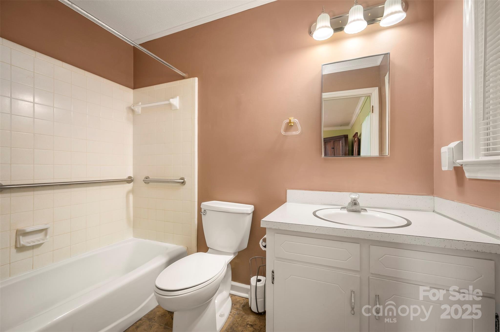 147 Anne Street Rutherfordton, NC 28139 - Photo 19 of 31 a bathroom with a granite countertop sink a toilet and a mirror