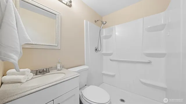 a bathroom with a sink toilet vanity and shower