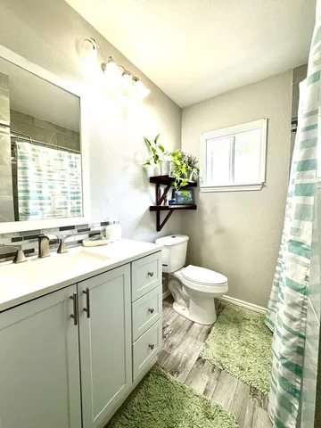 a bathroom with a sink a toilet and a mirror