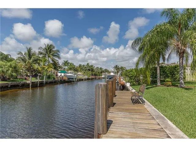 a view of a lake with boats and palm trees
