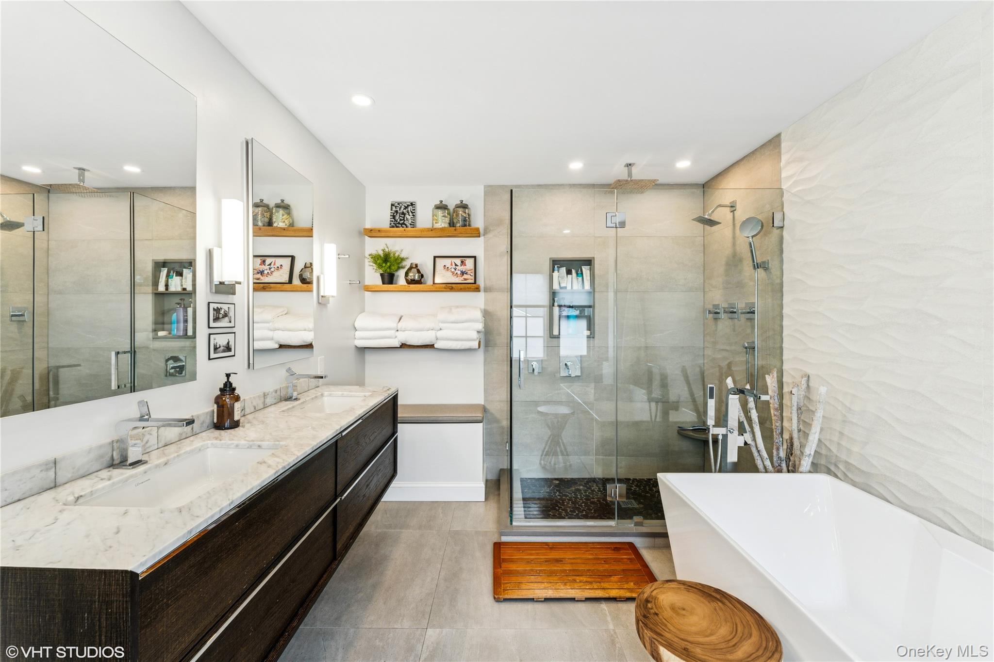 15 Flamingo Road East Hills, NY 11576 - Photo 23 of 41 Bathroom featuring a shower stall, a soaking tub, double vanity, recessed lighting