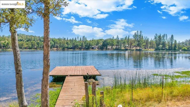 a view of a lake with houses in the back