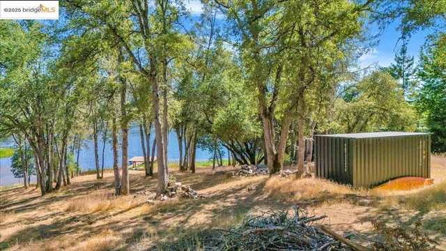 a backyard of a house with large trees and wooden fence