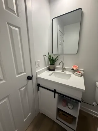 a bathroom with a sink and a mirror