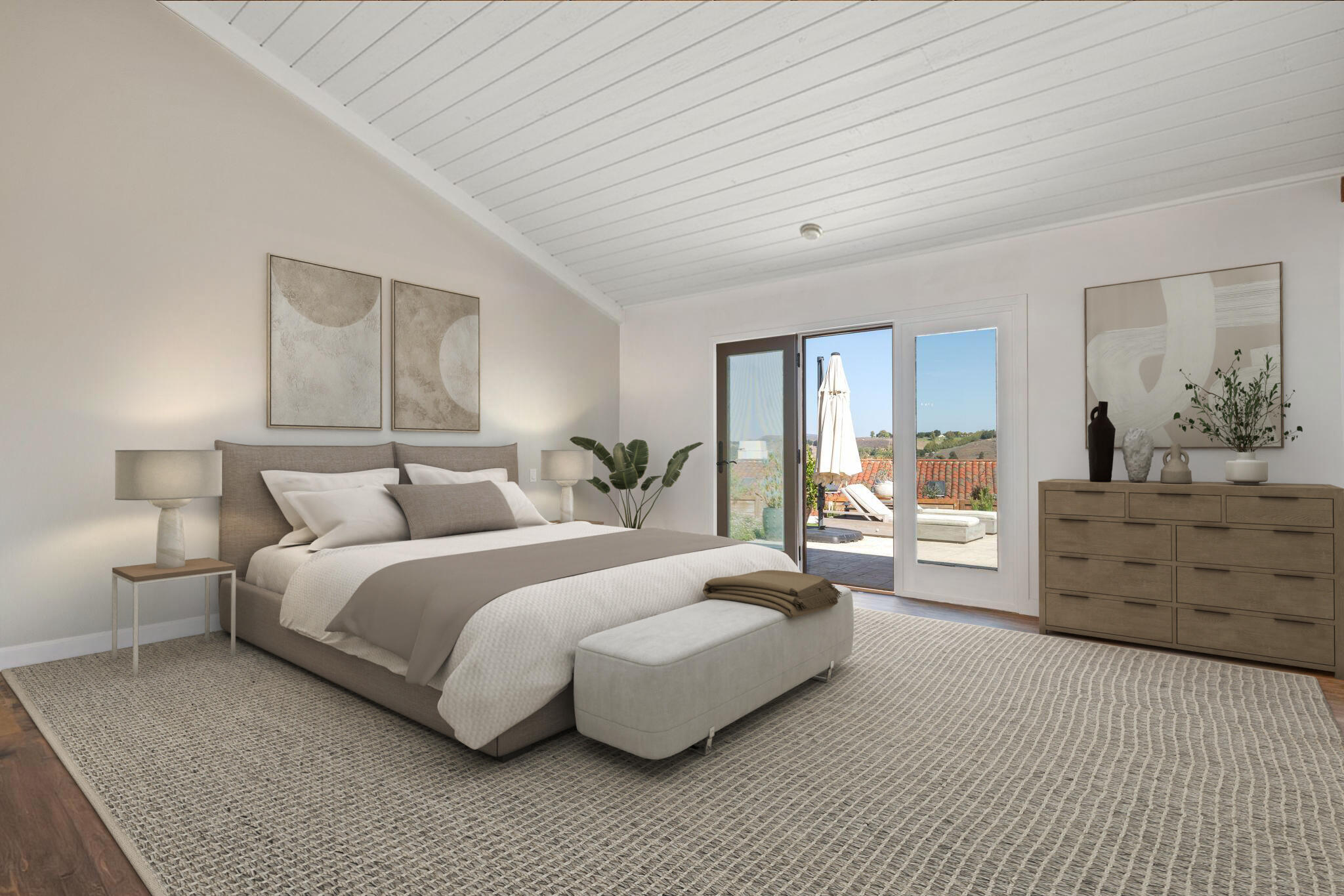 793 Alisal Road Solvang, CA 93463 - Photo 18 of 44 a bedroom with a large bed and ceiling fan