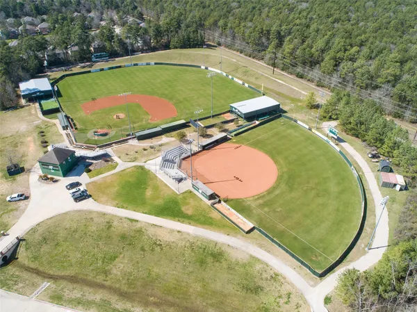 an aerial view of a swimming pool