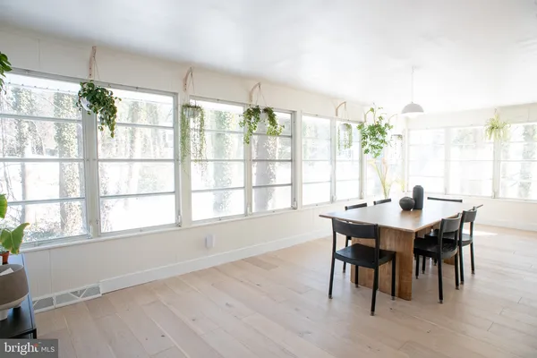 a view of a dining room with furniture window and outside view