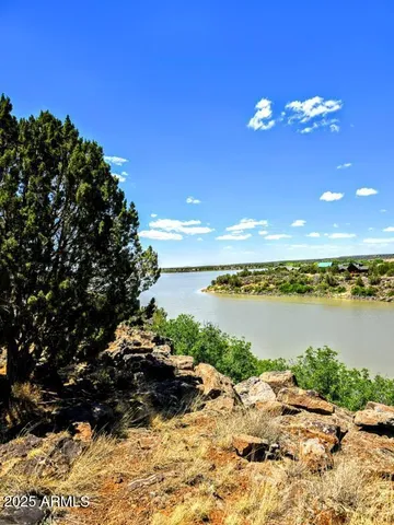 a view of a lake with a house in the background
