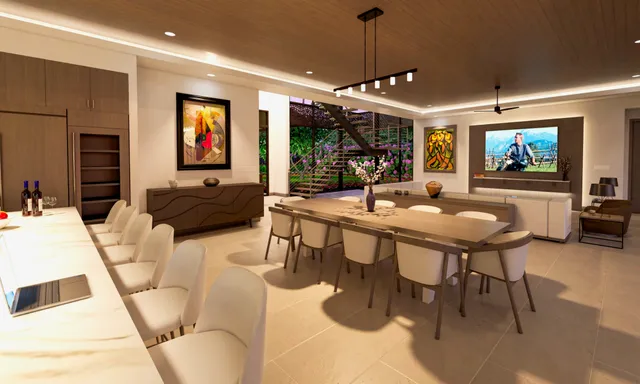 a living room with furniture a chandelier and a large window
